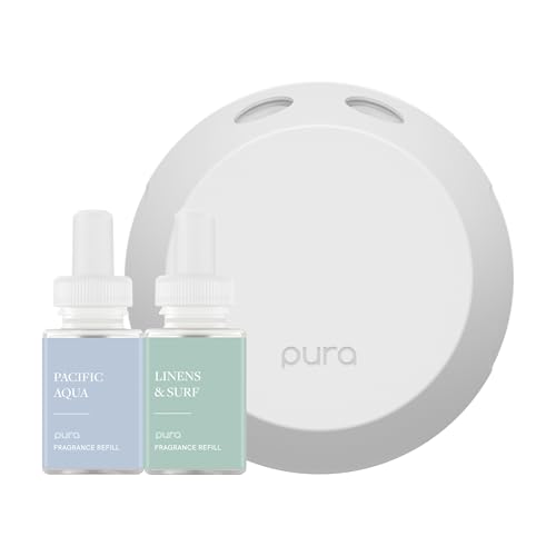 Pura Home Fragrance Device Starter Set - Pura 4 - Scent Diffuser for Home - Includes Fragrance Aroma Diffuser - Square Box, Pacific Aqua and Linens & Surf Scent Refills