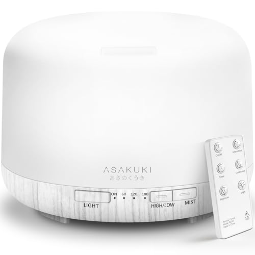 ASAKUKI Essential Oil Diffuser for Home, 500ML Aromatherapy Diffuser Humidifier with Remote Control, 7 Color LED Lights, Quiet Cool Mist Diffuser for Bedroom, Living Room, Office (White)