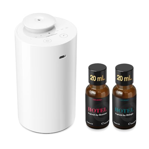 Airversa Waterless Essential Oil Diffuser Starter Kit with 2x20mL Hotel Fragrance Oils, Cordless Nebulizer for Car Home Office, Up to 600 sq ft, Mist/Timer Settings, Baterry Operated, AN6Kit-B, White